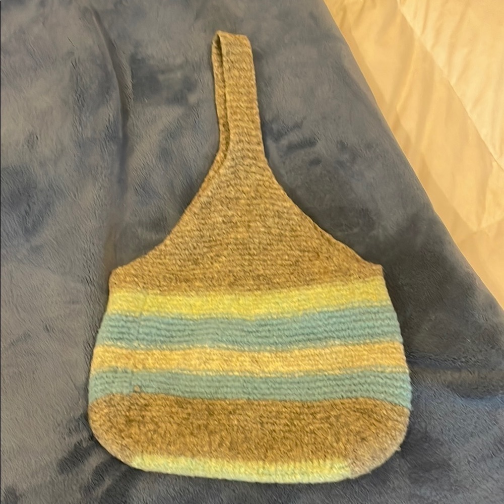 Striped olive green and Blue wool Woven Shoulder Bag handmade